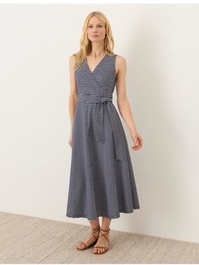 Pact Navy Blue and White Striped Fit & Flare Sleeveless V-Neck Midi Dress